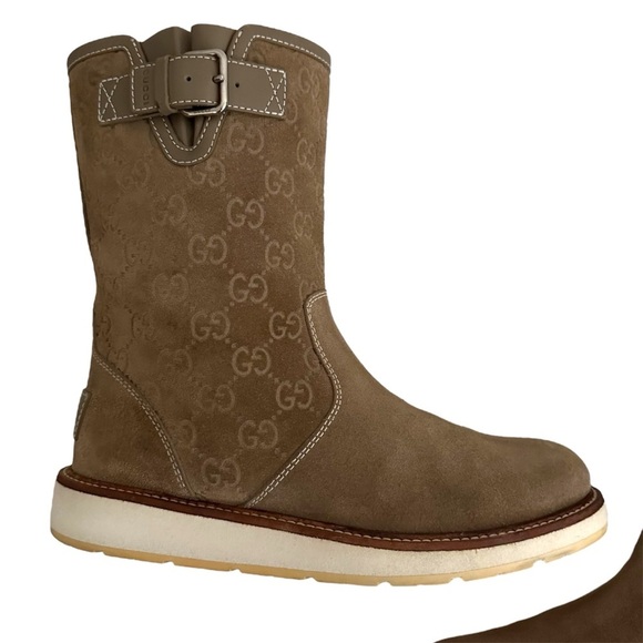Gucci Beige Guccissima Taupe Suede Quercy Flat Buckle Boots Size 36.5 | US 6.5 - Picture 6 of 16